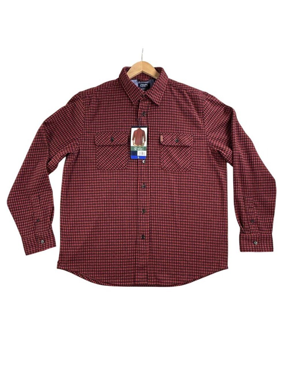 Chaps Shirt Mens Large Red Check Flannel Button Up Long Sleeve Pockets Stretch